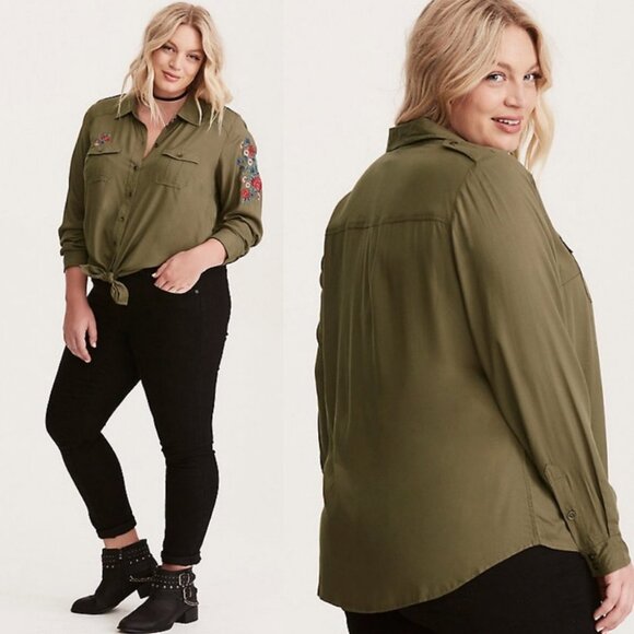 Torrid Army Green Twill Shirt Floral Embroidery Size 1X Bohemian Shirt Boho Top - Picture 12 of 12